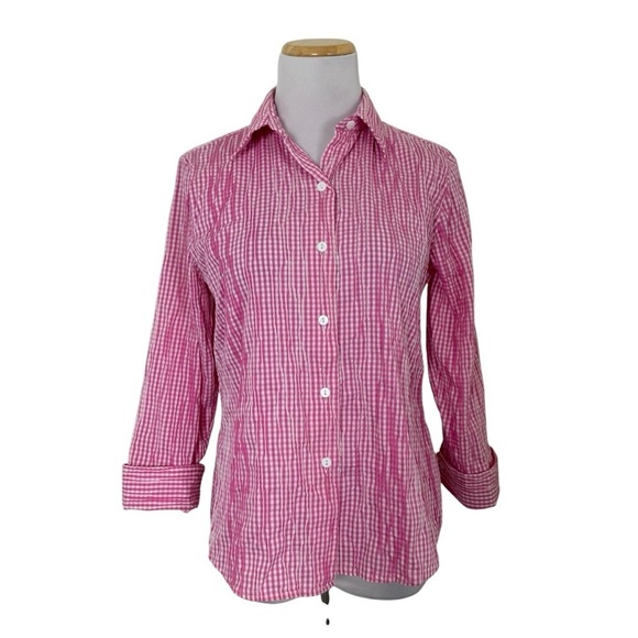 Foxcroft Fitted Gingham Pleated Crinkle Button Up Shirt Women’s 4 Pink Collared - Picture 3 of 16